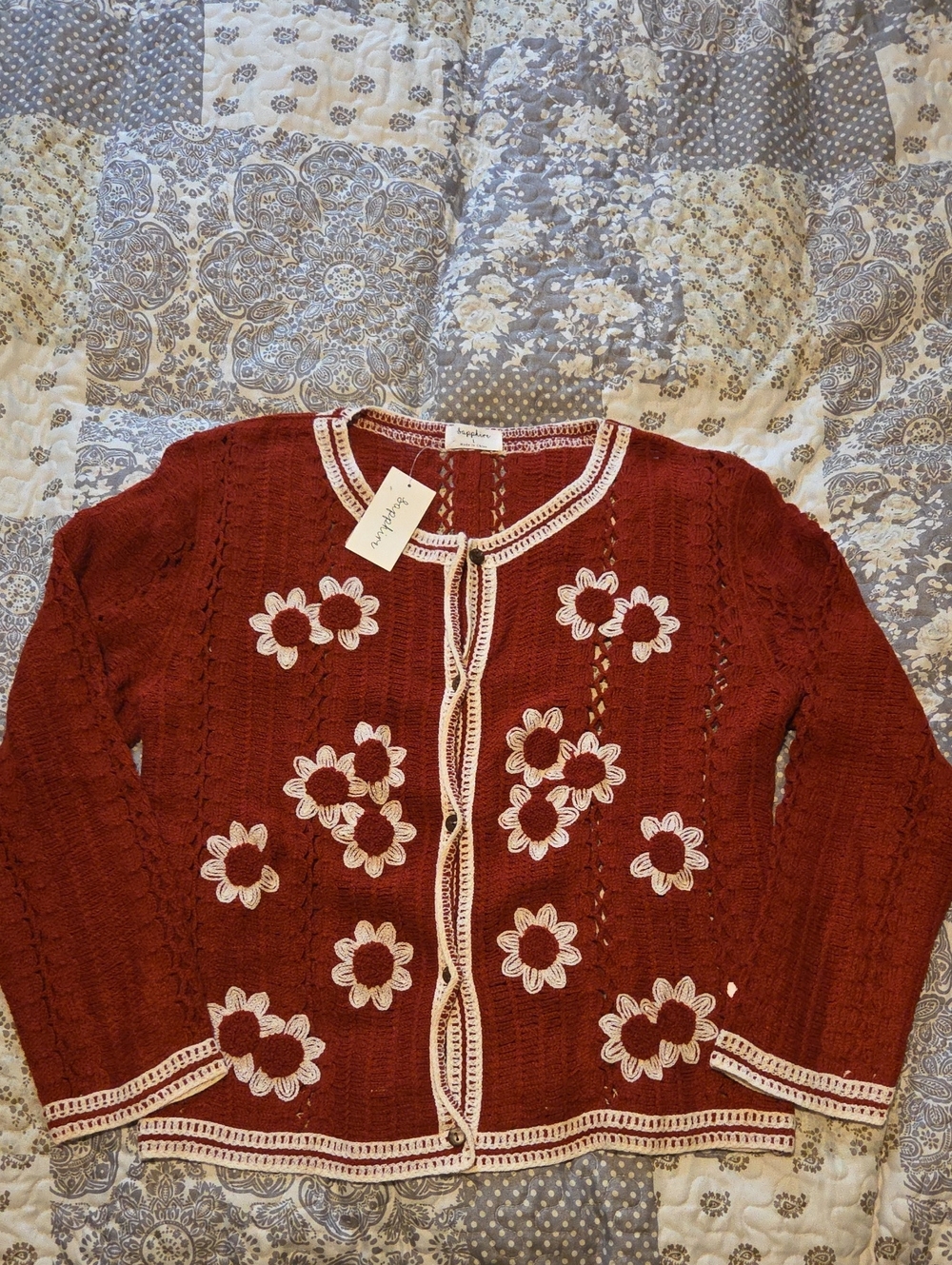 Rust Red Floral Crochet-Trim Cardigan